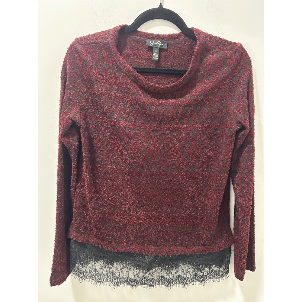 Jessica Simpson Burgundy Black Textured Knit Lace Trim Sweater Top Womens Small